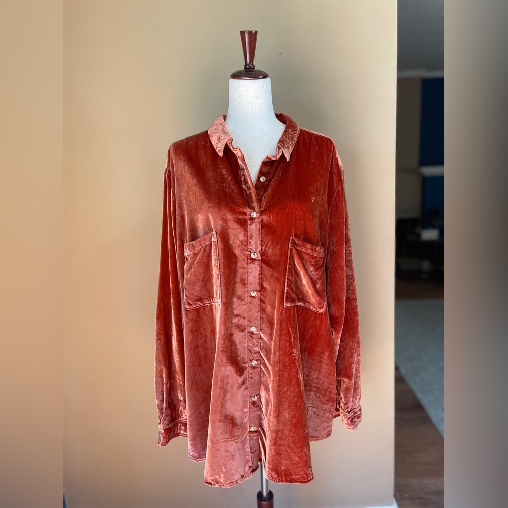 Anthropologie Pilcro Womens Velvet Button Down Blouse Top Size 3X Burnt Orange #